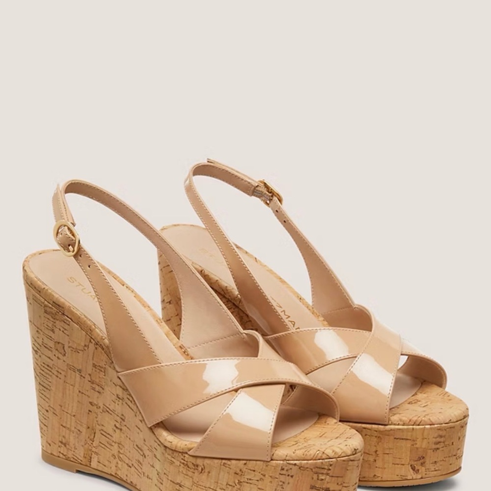 Stuart Weitzman Tan Patent Wedge Sandals